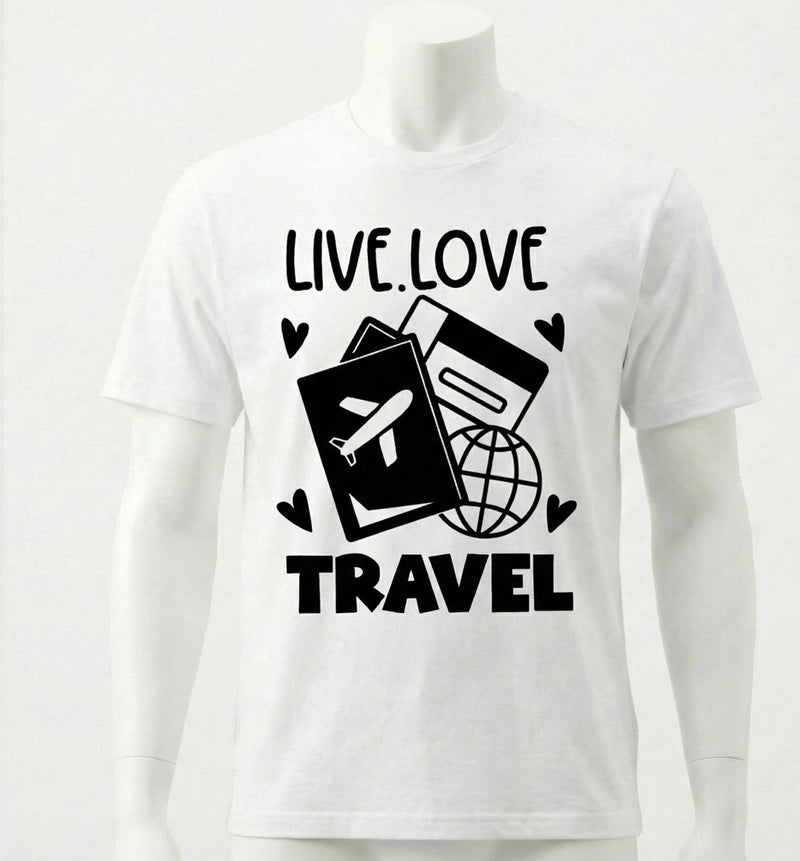 White t-shirt with 'Live Love Travel' design featuring a passport and globe on a white background