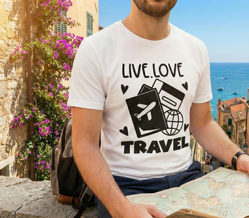 Person wearing a white t-shirt with 'Live Love Travel' design, sitting by a scenic coastal town.