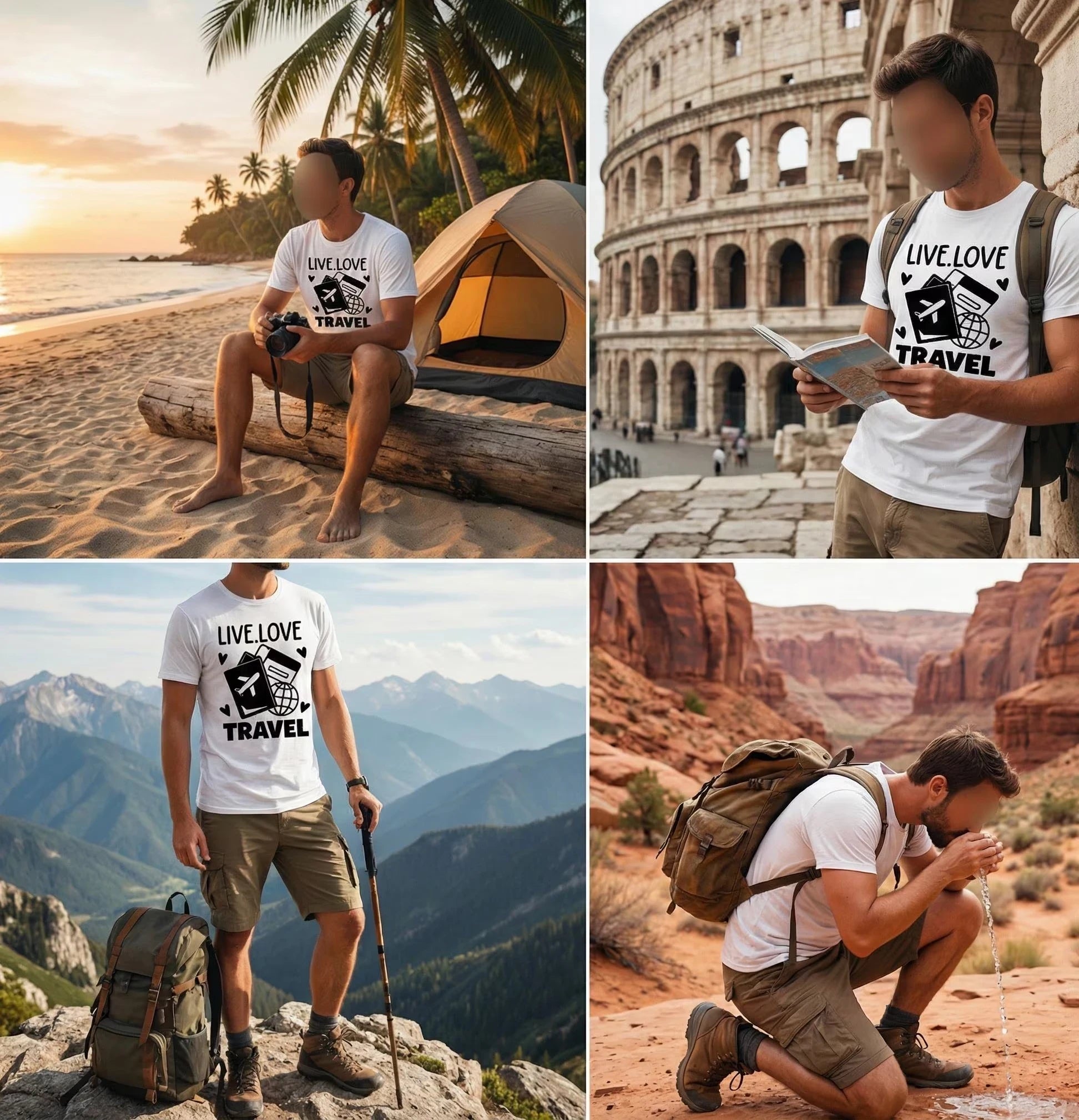 Collage of a person wearing a 'Live Love Travel' t-shirt in various outdoor settings.