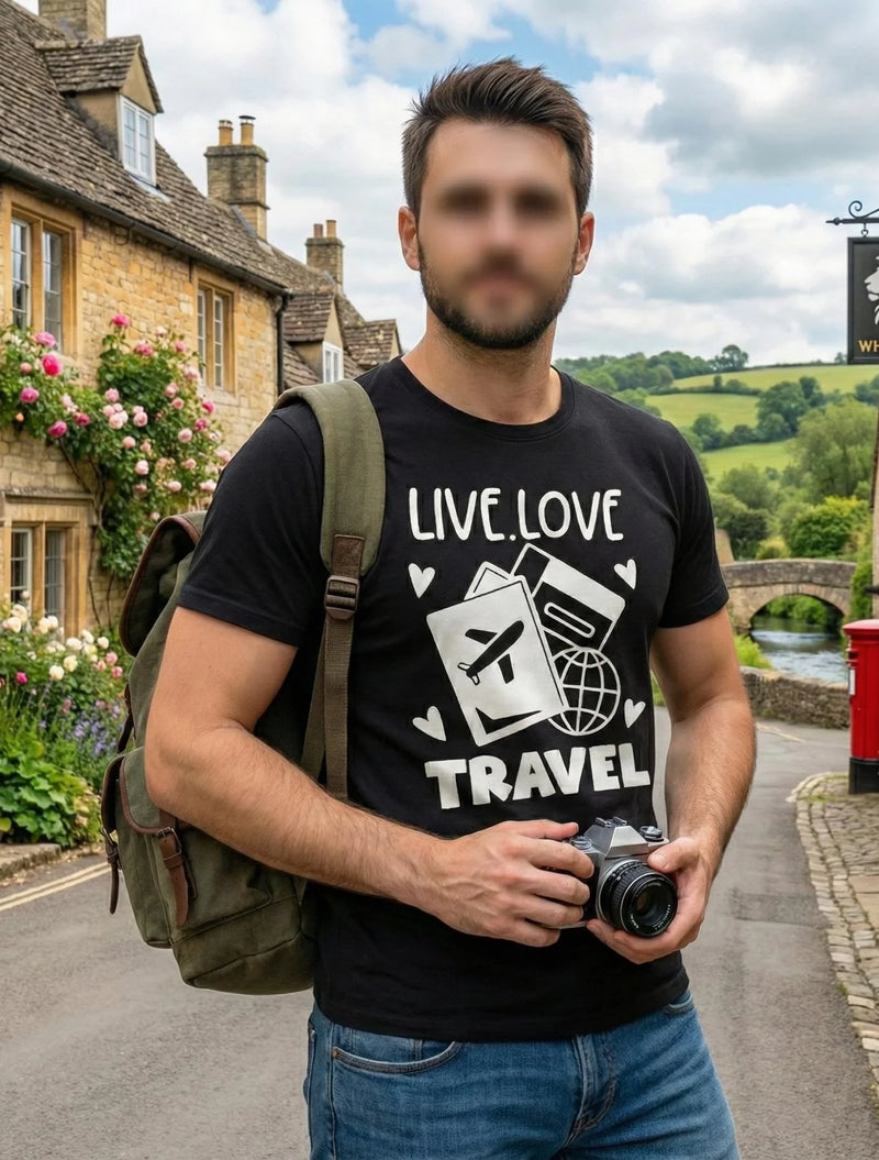Man wearing a 'Live Love Travel' t-shirt with a camera, standing in a scenic village setting.