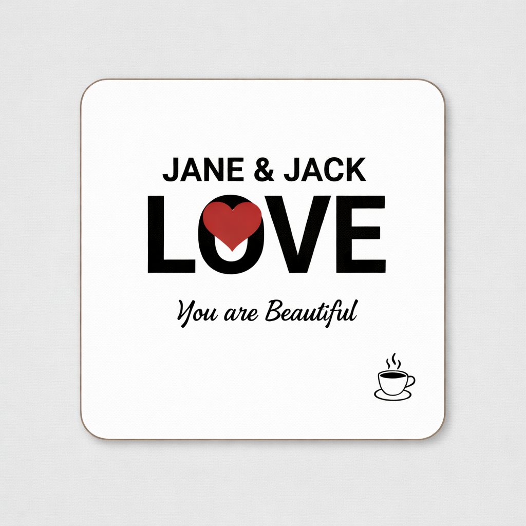 Modern square coaster with Jane and Jack LOVE design and You are Beautiful quote