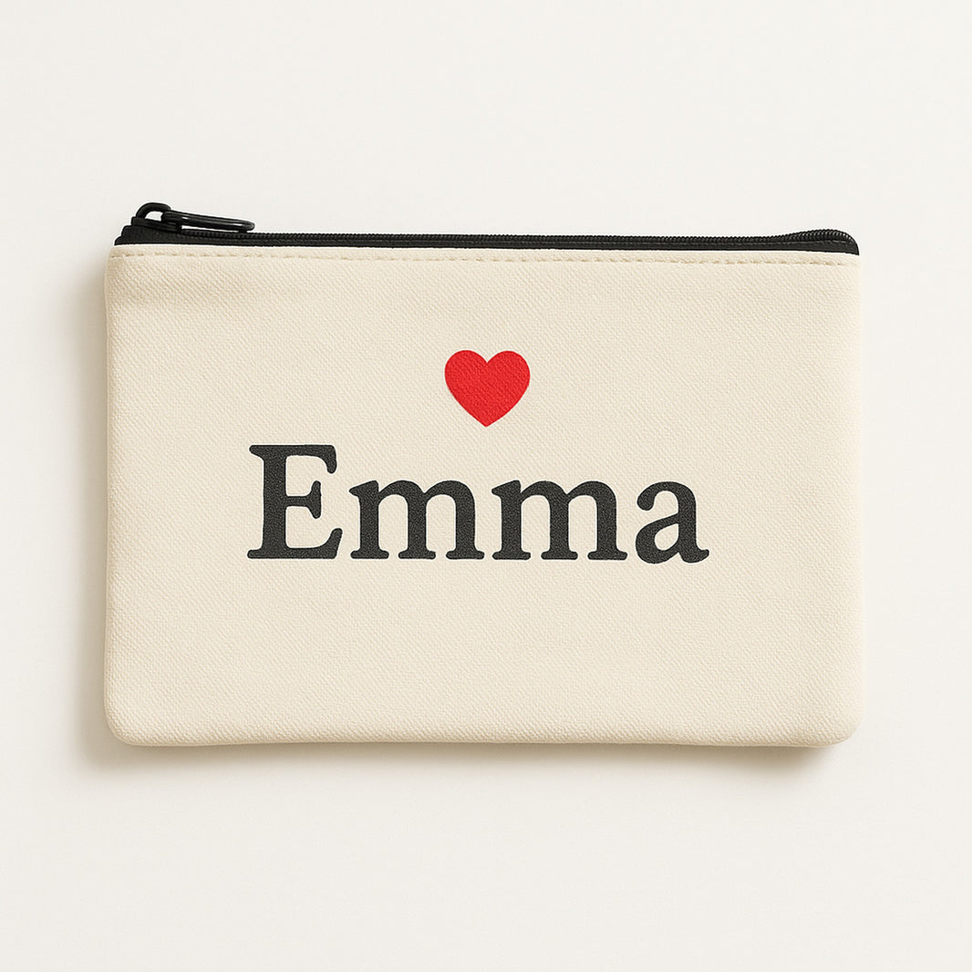 Personalised makeup bag UK - beige cotton canvas pouch with the name Emma and a red 3D puff heart