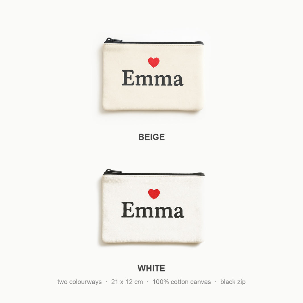 Personalised makeup bag colour options - beige and white cotton canvas with black zip