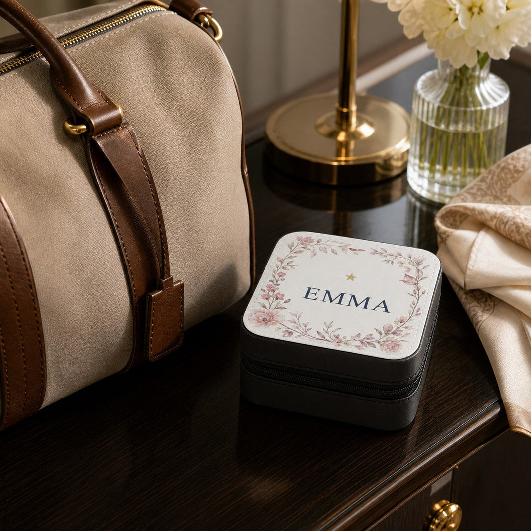 Jewellery case printed with the name Emma next to a weekend bag on a dresser