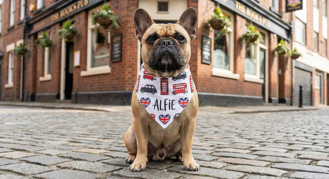 French bulldog outside a pub in a bandana printed Alfie with London icons
