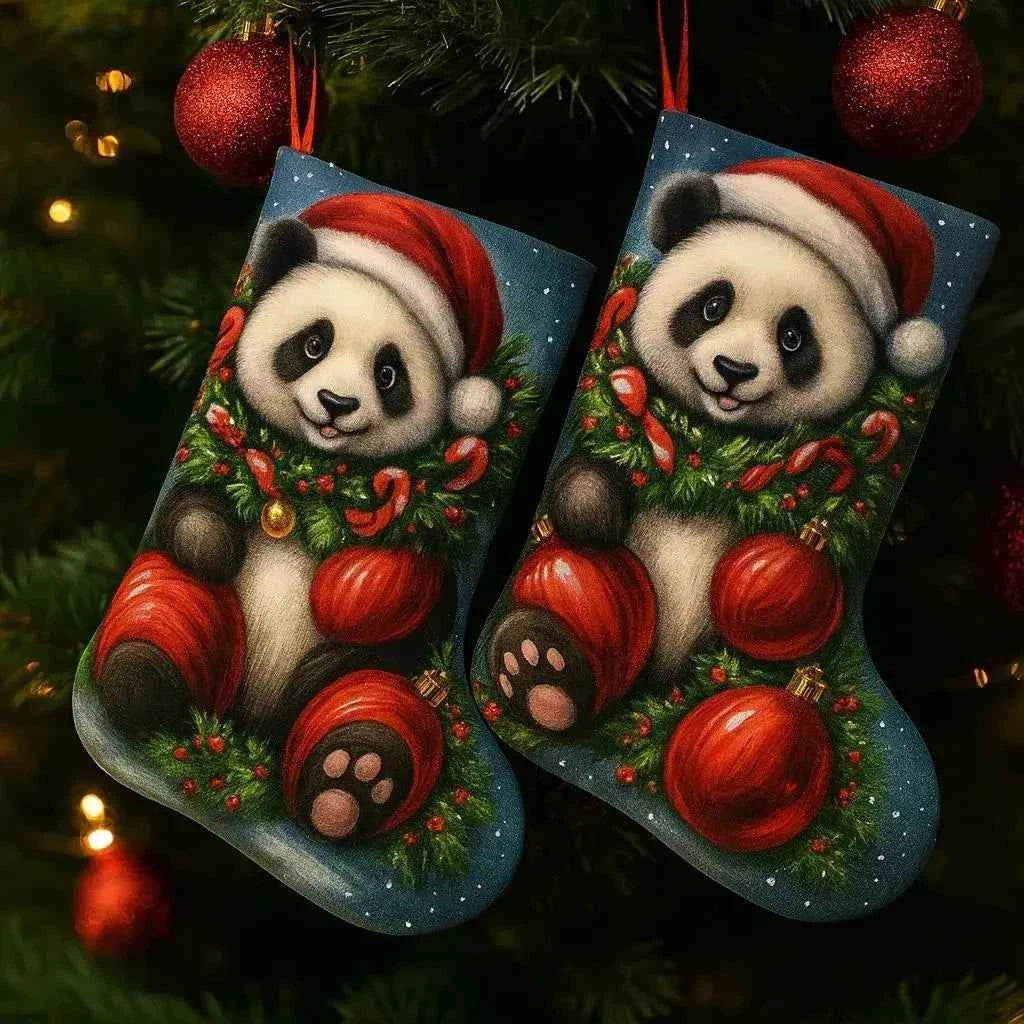 Panda Christmas Stocking Set of 2 | Large 37cm Felt Kids Holiday Decor