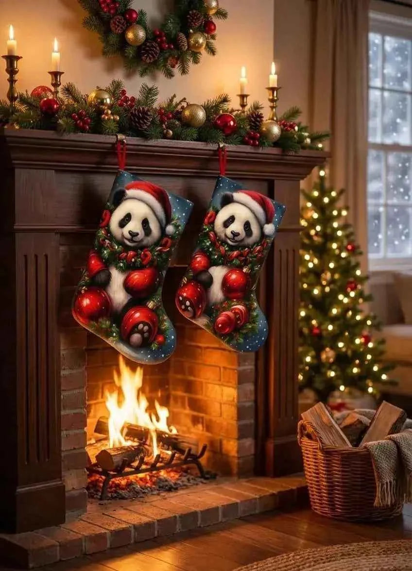 Panda Christmas Stocking Set of 2 | Large 37cm Felt Kids Holiday Decor