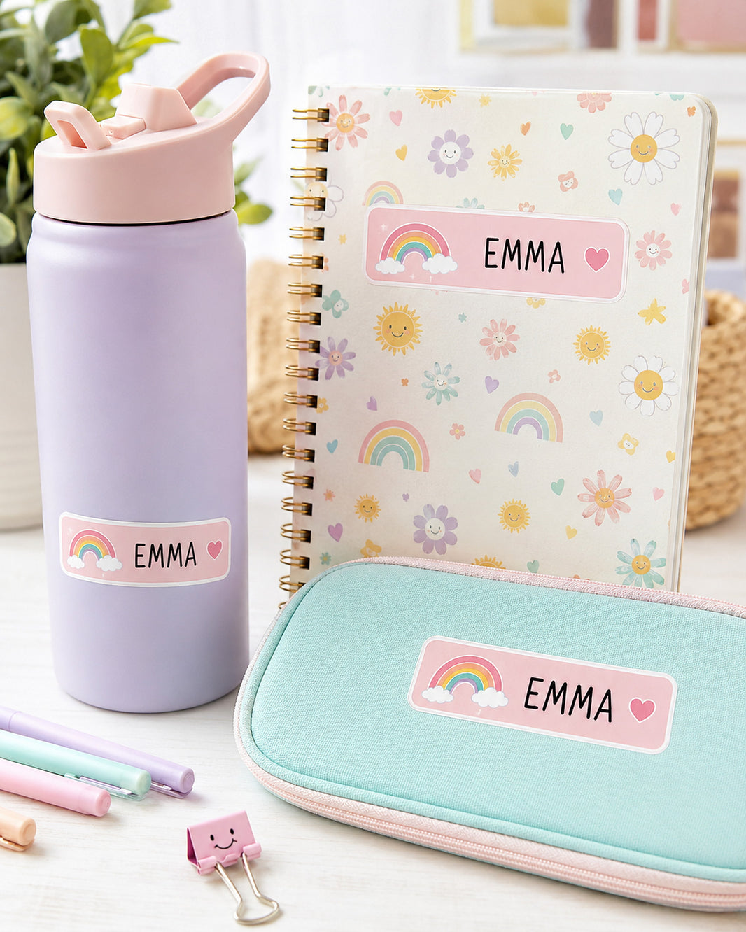 Pastel Rainbow name labels applied to a lilac water bottle, notebook and mint pencil case