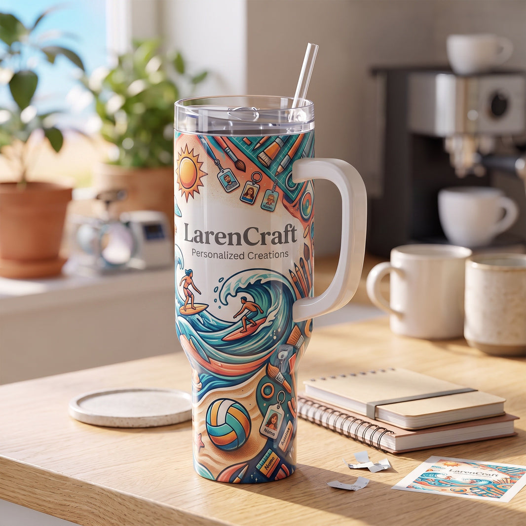 Personalised 40oz tumbler with colourful surf design and custom branding on a home office desk