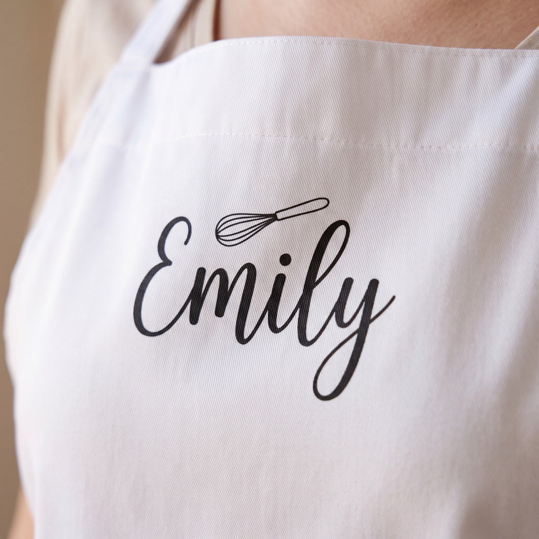Monogrammed apron close-up — printed name on white apron showing print quality