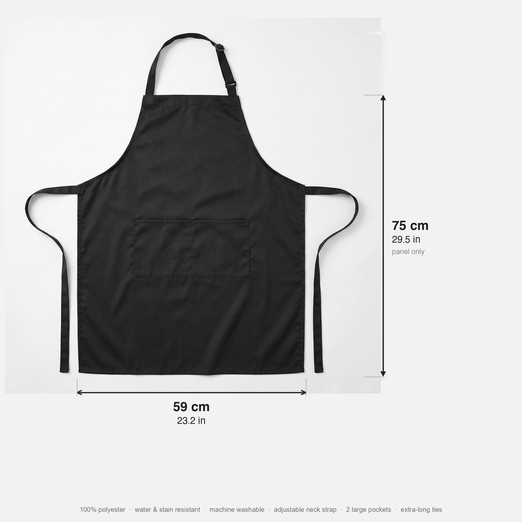 Personalised apron size guide — 75 x 59 cm panel, polyester, water resistant, machine washable