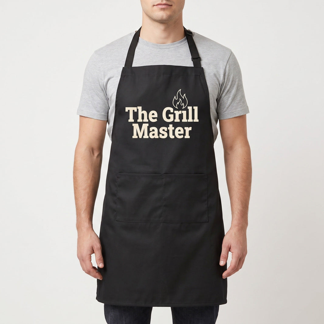 Custom apron in black — The Grill Master print on adjustable polyester BBQ apron