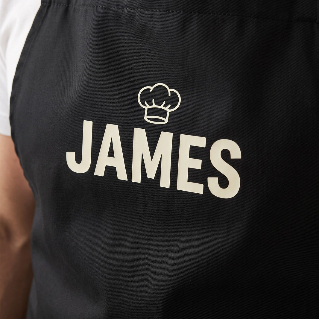 Personalised apron close-up — cream print on black apron with crisp opaque detail