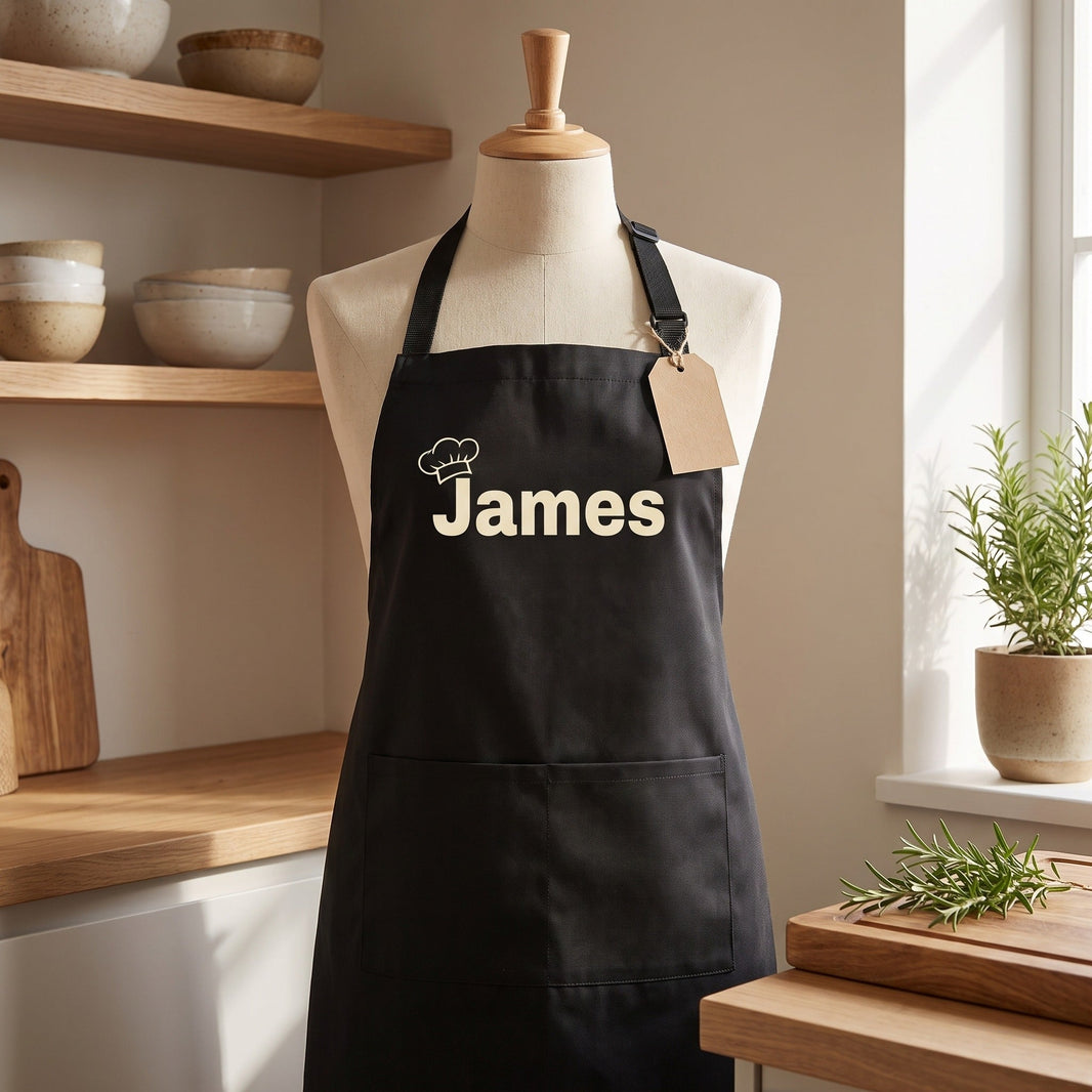 Monogrammed apron in black with custom name James displayed as a gift in a kitchen