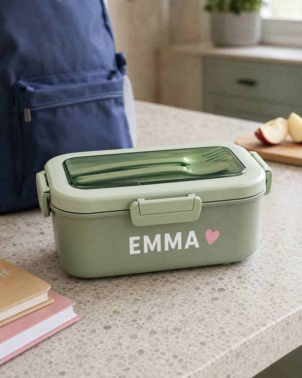 Personalised green bento lunch box with the name Emma and a pink heart beside a school backpack