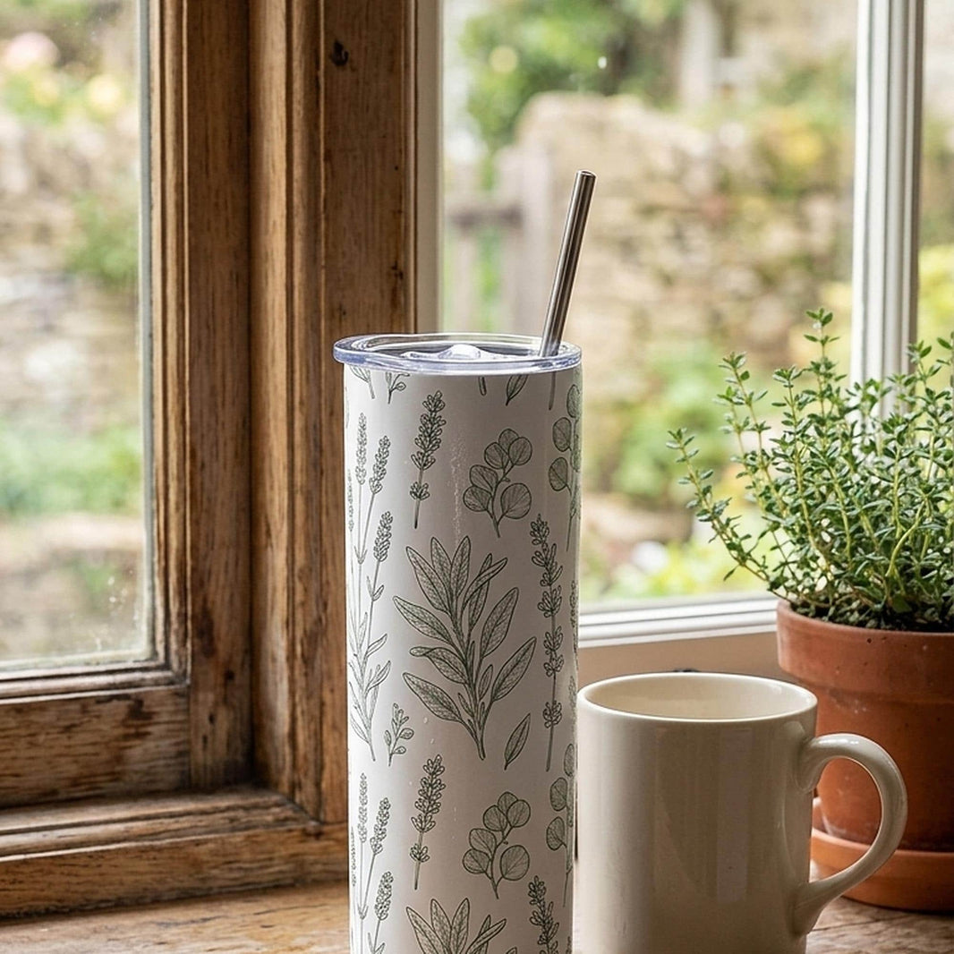 Skinny tumbler with sage botanical print on a windowsill beside a mug and herbs