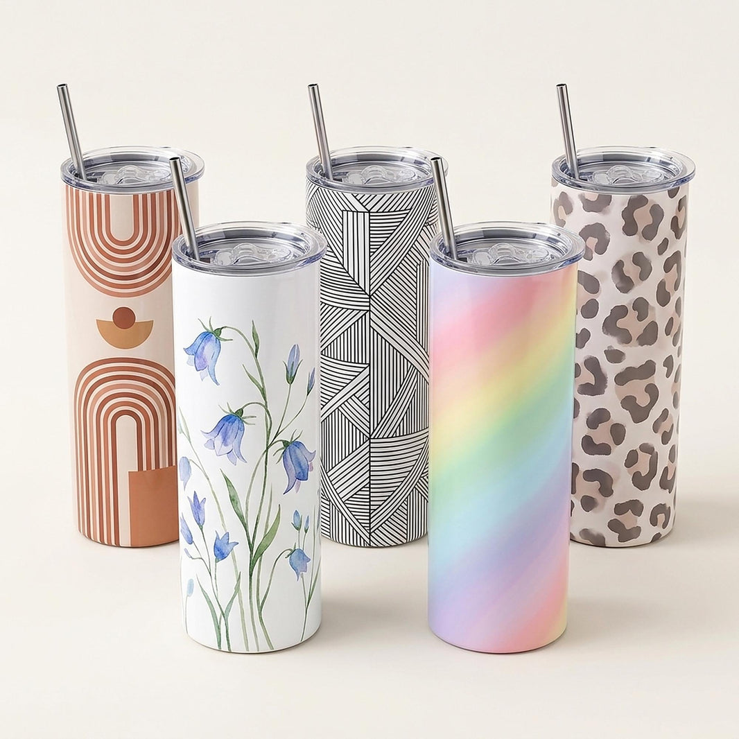Skinny tumbler designs — five custom full-wrap colours and patterns, 20oz