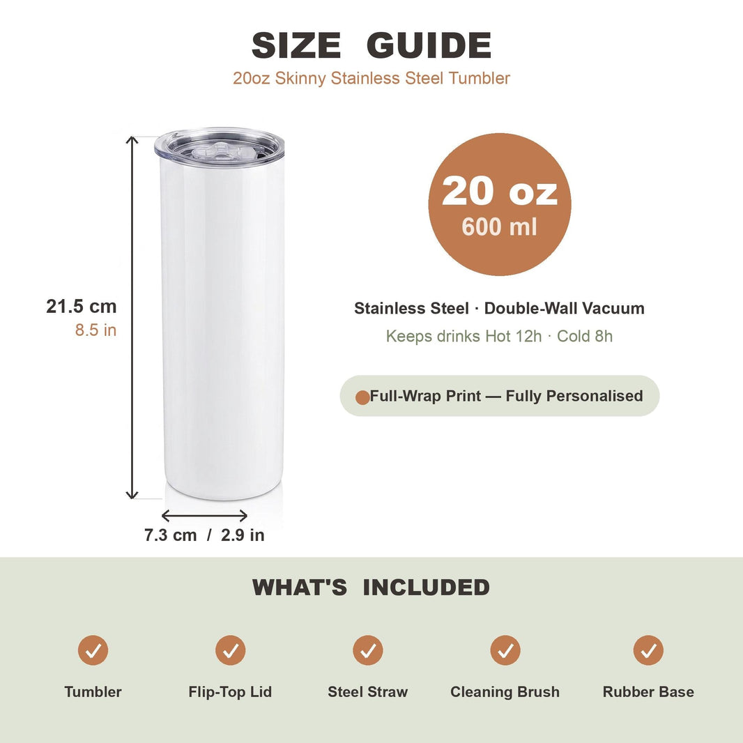 Skinny tumbler size guide — 20oz / 600ml, 21.5cm tall, with lid, straw and brush