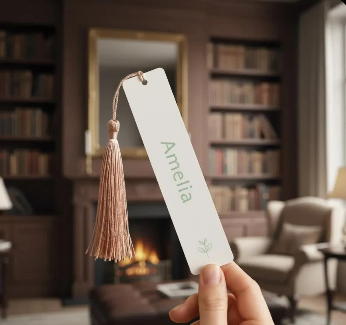 Close up detail of Custom Name  Icon or Quote   Tassel Bookmark on Personalised Bookmark
