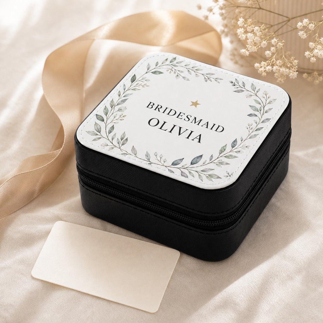 Personalised bridesmaid jewellery box printed Bridesmaid Olivia in a flat lay with ribbon and gift card
