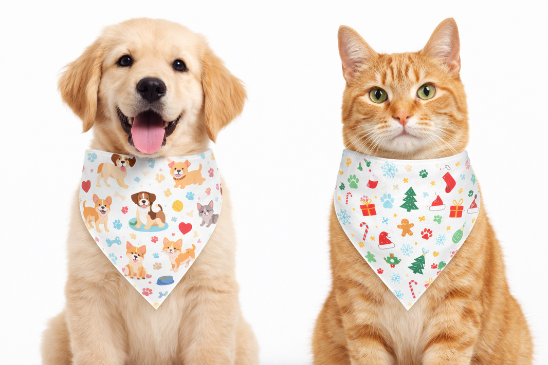 Ginger cat in a festive-print bandana beside a puppy in a paw-print bandana