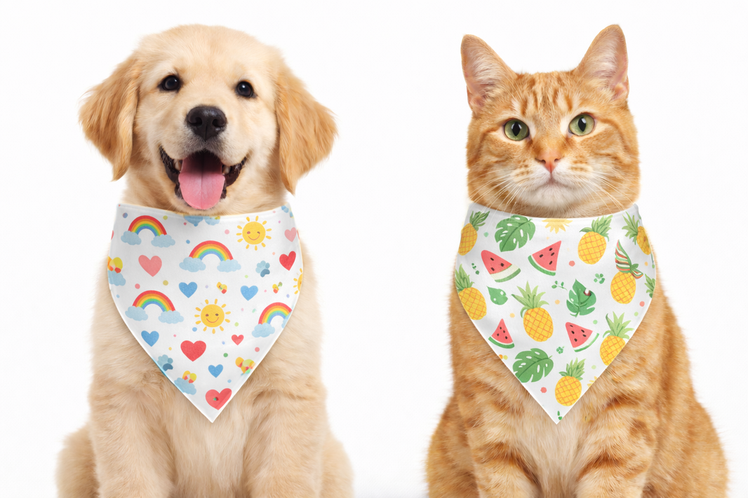 Pet bandana pair — cat and dog wearing patterned bandanas on white background