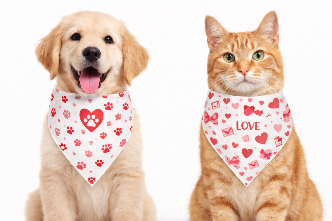 Pet bandana designs — cat and dog wearing heart and paw bandanas, white background