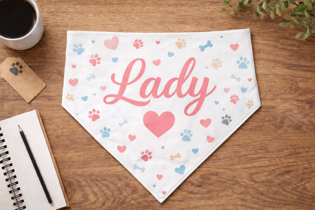 Pet bandana printed Lady with a cup of coffee and notebook on a wooden surface