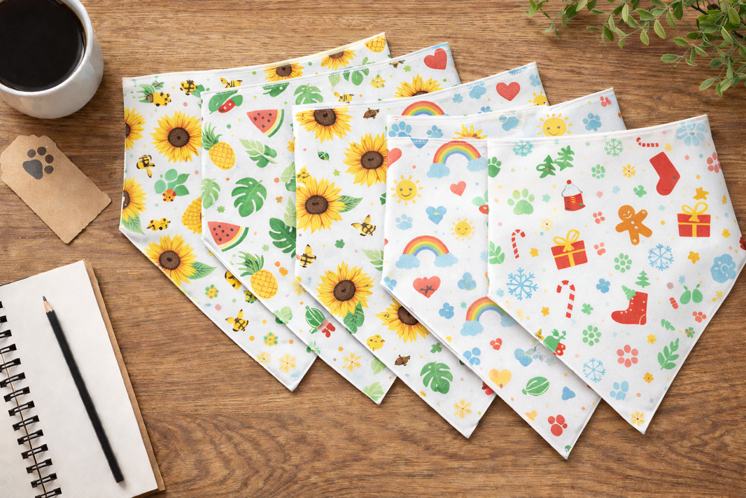 Custom pet bandana design options — colourful pattern sheets with coffee and notebook