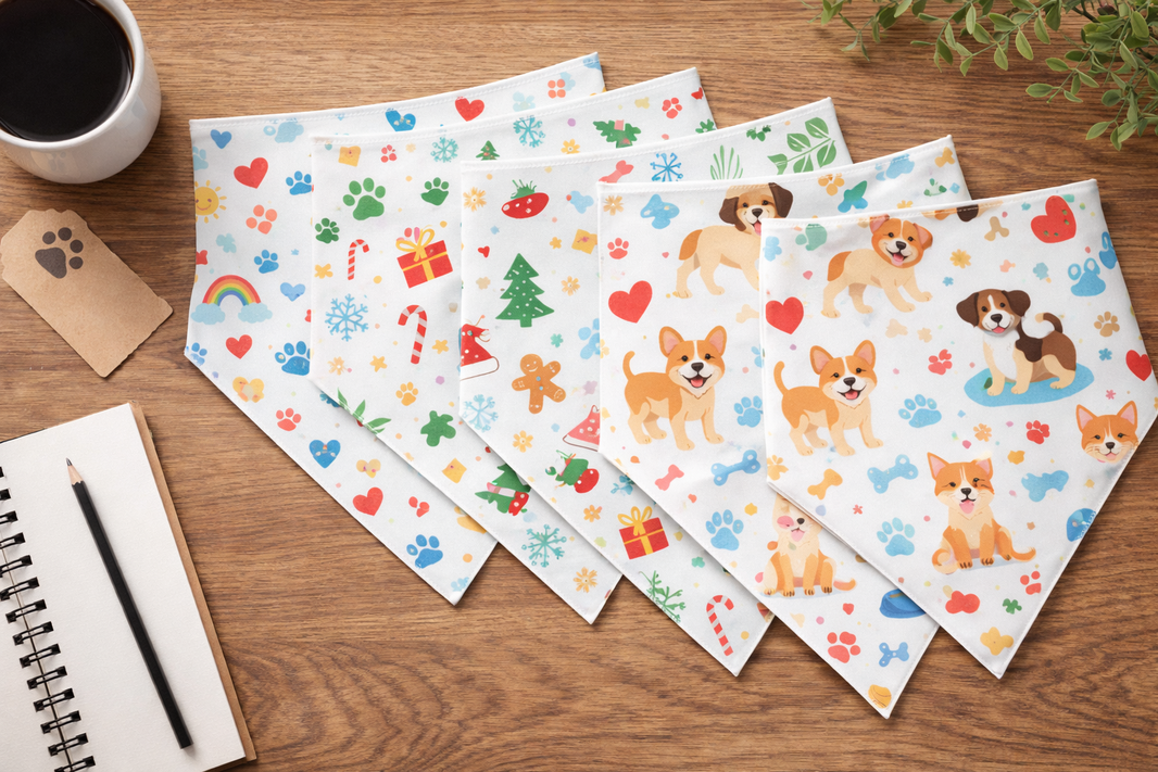 Pet bandana pattern sheets with paw print designs on wood