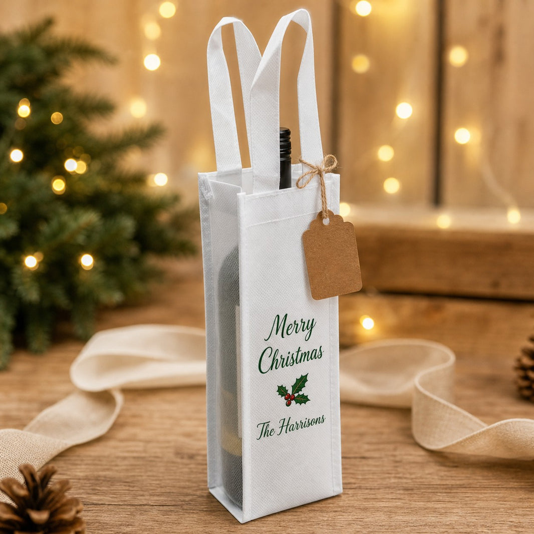 Personalised Merry Christmas mini wine bottle bag with The Harrisons family name and holly design