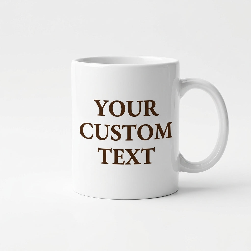 White mug with 'YOUR CUSTOM TEXT' in brown on a white background