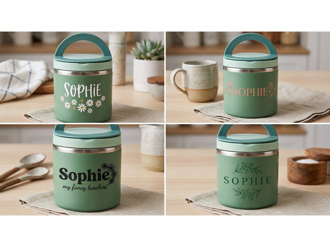 Green personalised food jar shown with four lettering and flower design styles for the name Sophie