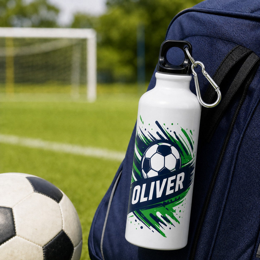 Water bottle with football design and the name Oliver clipped to a sports bag