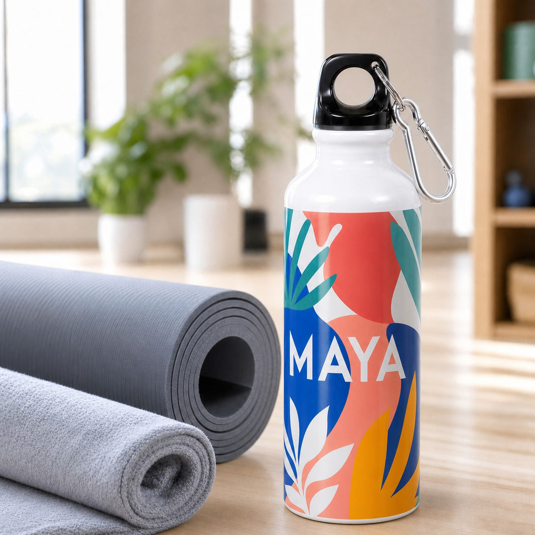 Custom water bottle for the gym with bold abstract design and the name Maya
