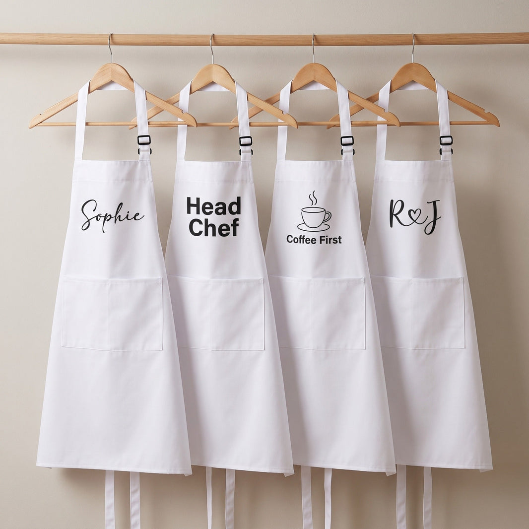 Personalised apron design ideas — name, Head Chef, Coffee First and couple initials