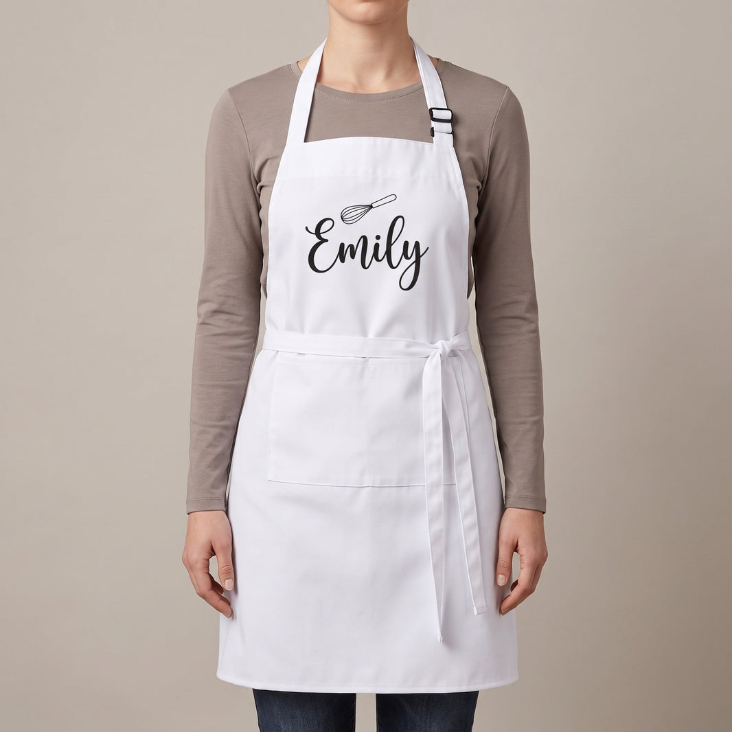 Personalised apron in white — custom name Emily printed on polyester bib apron in a kitchen