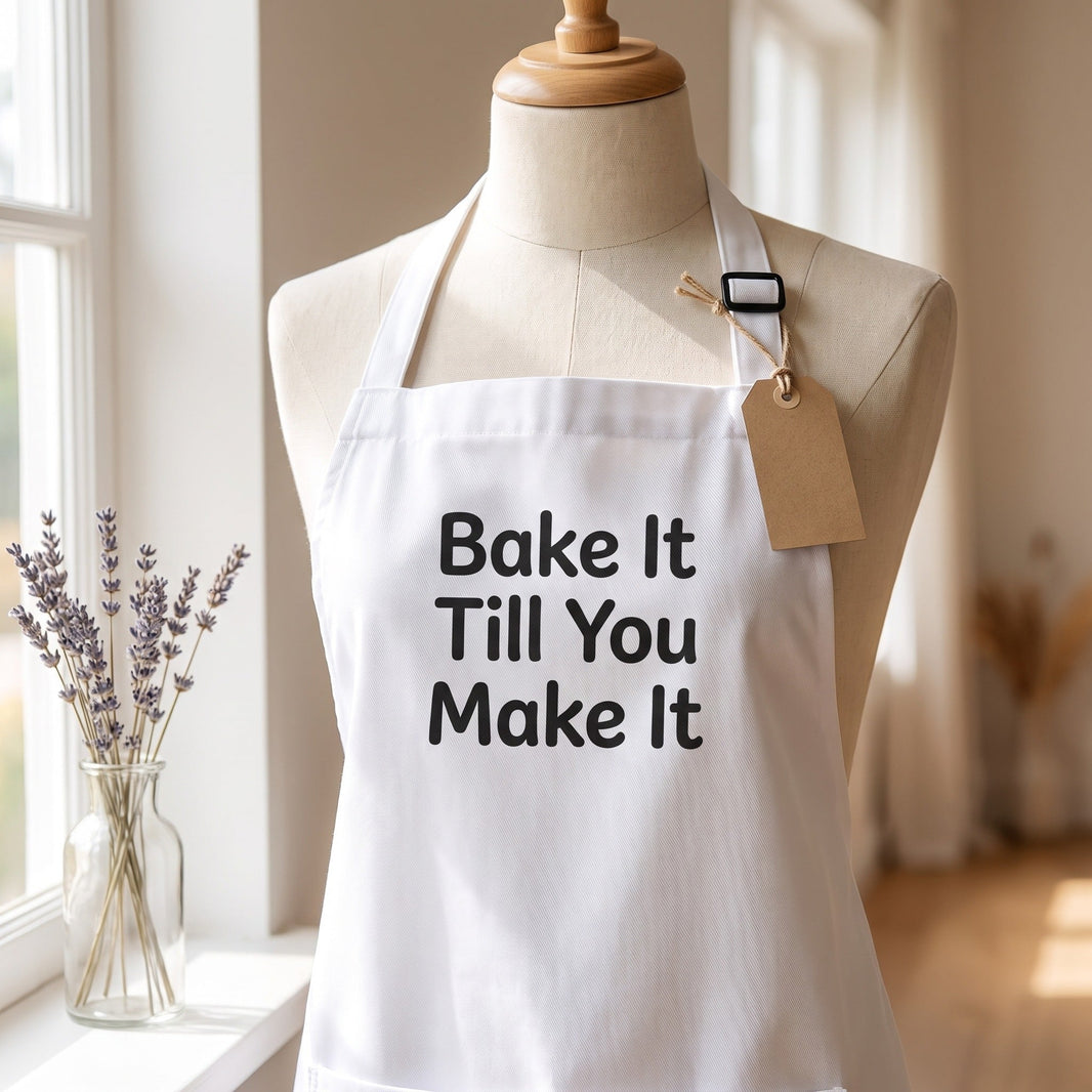 Apron with name styled as a gift with kraft tag and dried lavender — birthday gift