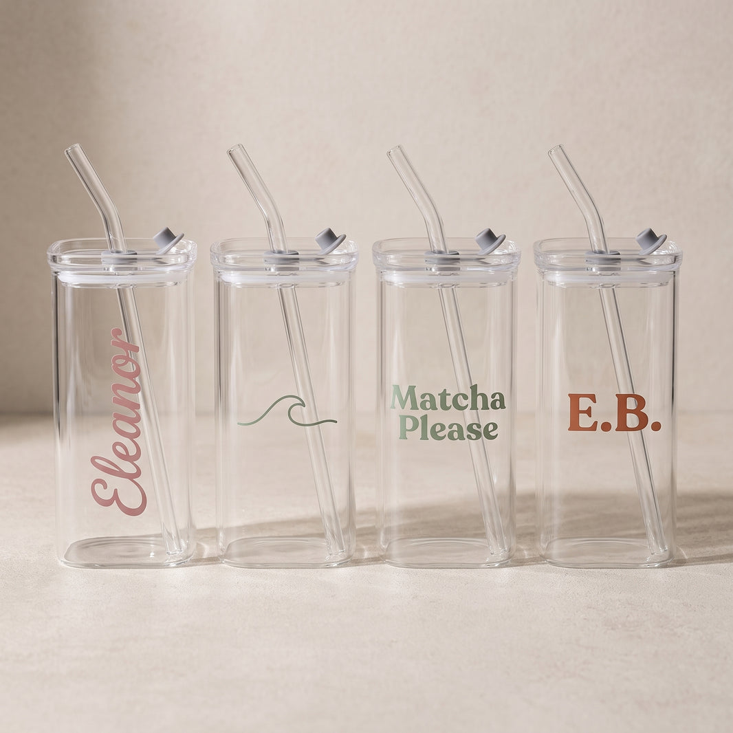 Custom name cup designs — four personalised glass tumblers with names and quotes