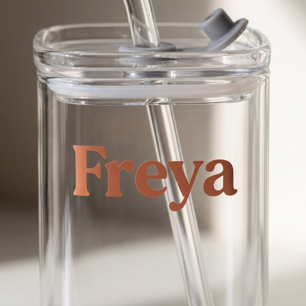 Iced coffee glass close-up of cut vinyl personalisation with crisp matte lettering