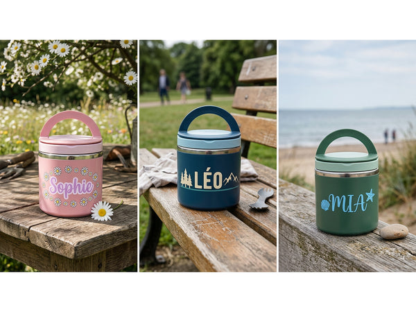 Personalised insulated food jars in pink, navy and green with the names Sophie, Leo and Mia