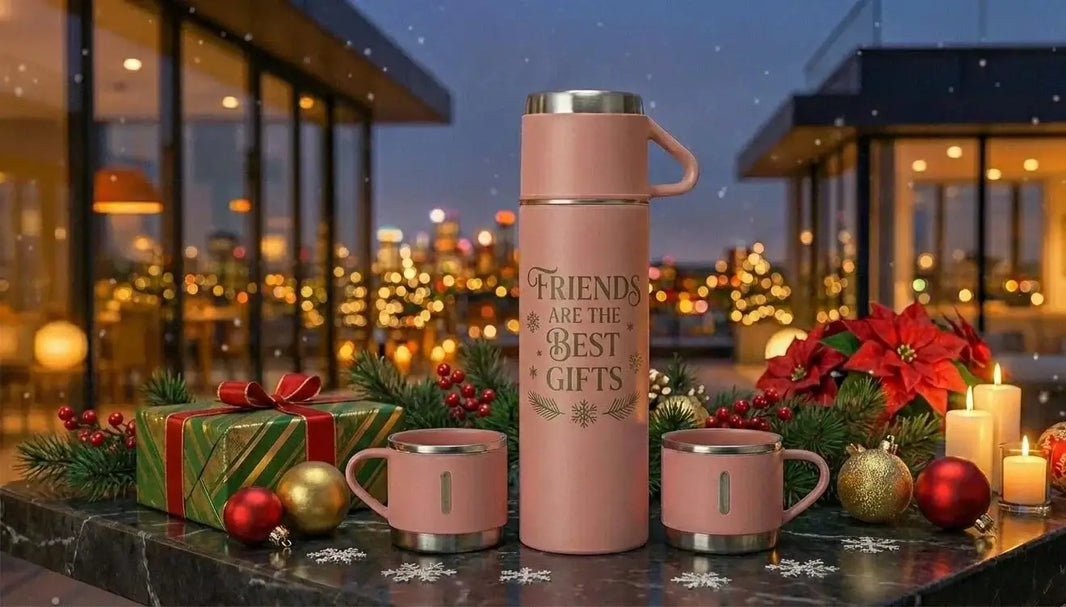 Zoomed in view of Personalised Insulated Pink Flask Set with 3 Cups