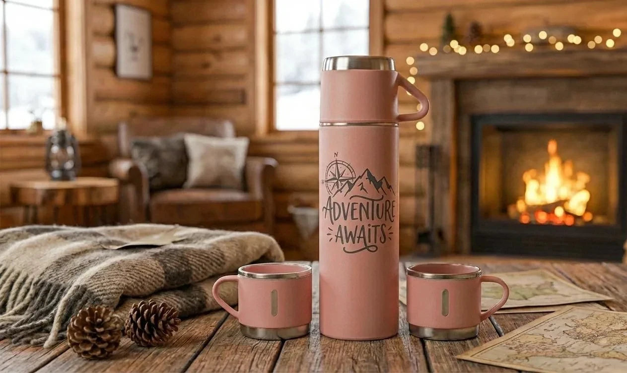 Personalised Insulated Pink Flask Set with 3 Cups - Personalized and Handmade