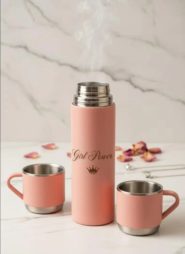 Custom Personalised Insulated Pink Flask Set with 3 Cups by LarenCraft