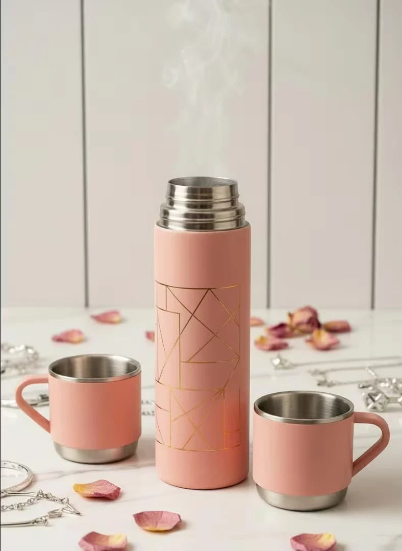 Personalised Insulated Pink Flask Set with 3 Cups - Personalized and Handmade