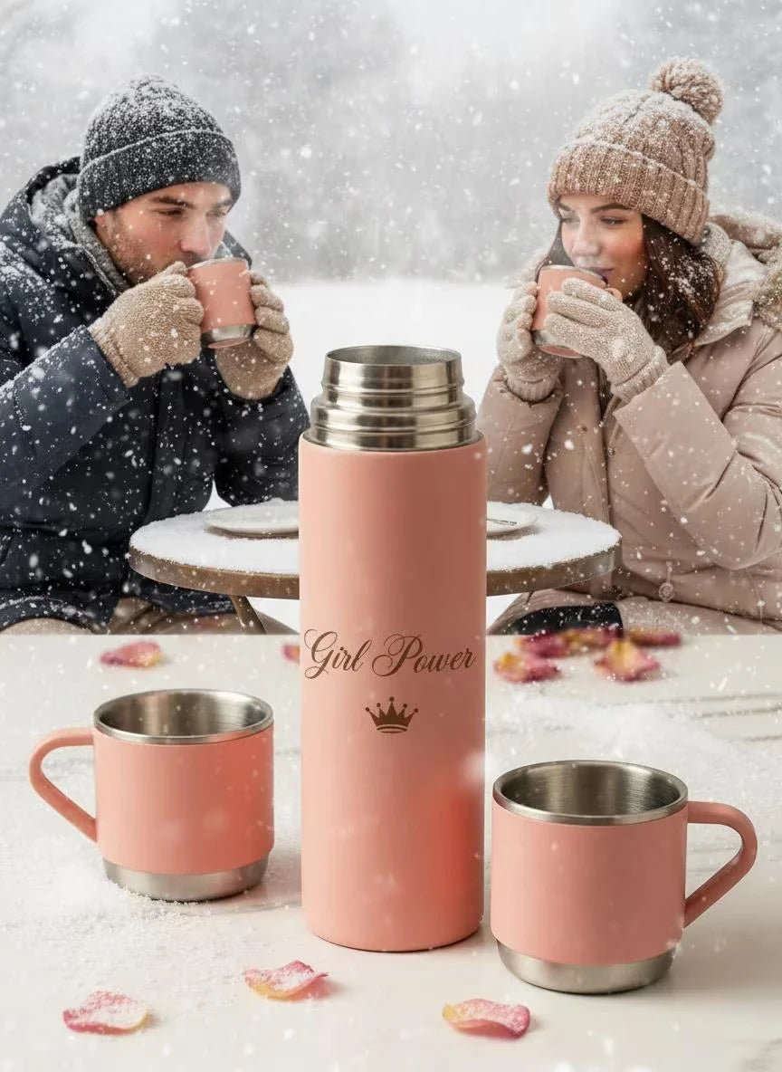 Unique Personalised Insulated Pink Flask Set with 3 Cups gift idea