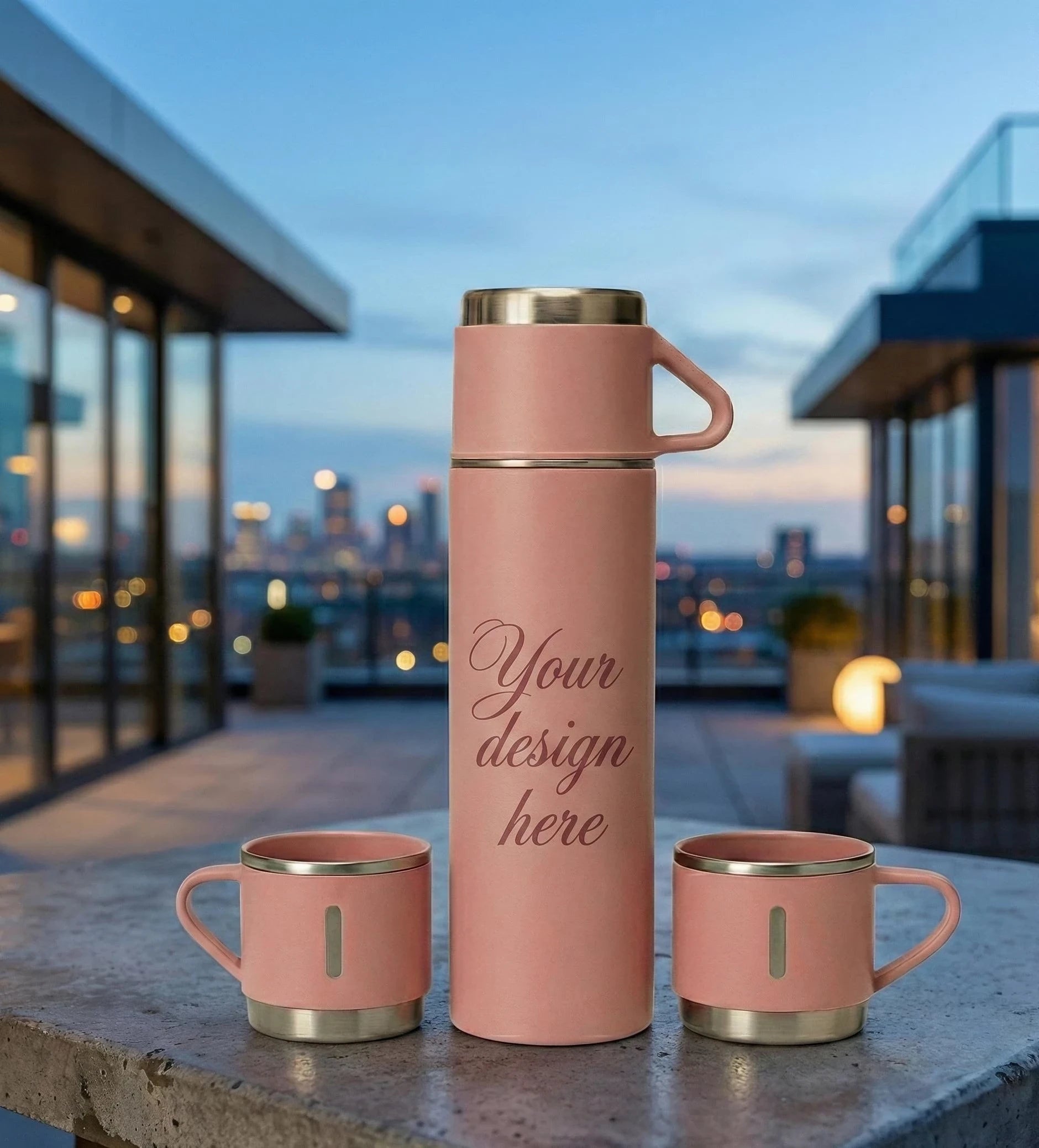 Custom Personalised Insulated Pink Flask Set with 3 Cups by LarenCraft