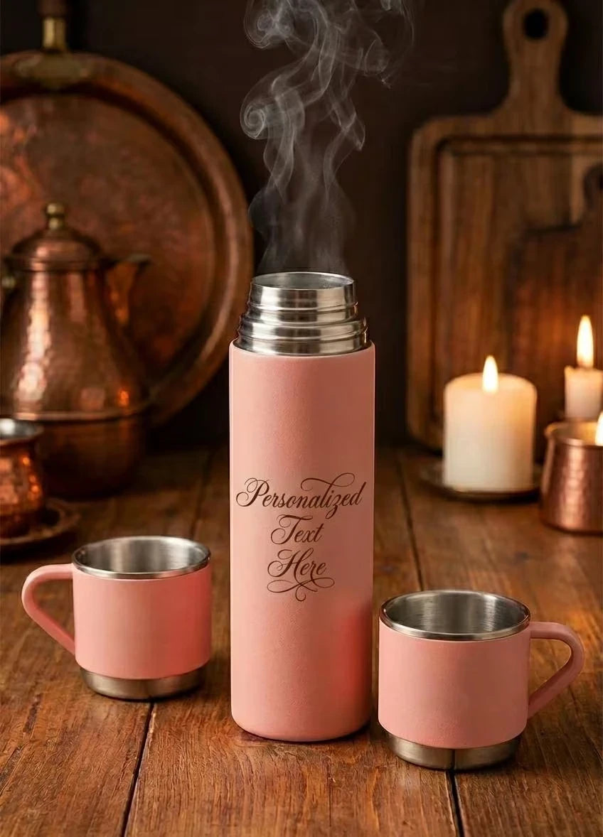Main view of Personalised Insulated Pink Flask Set with 3 Cups featuring 500ml   Customize Your Own Flask