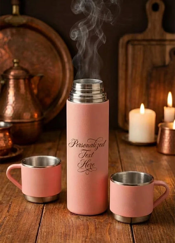Main view of Personalised Insulated Pink Flask Set with 3 Cups featuring 500ml   Customize Your Own Flask
