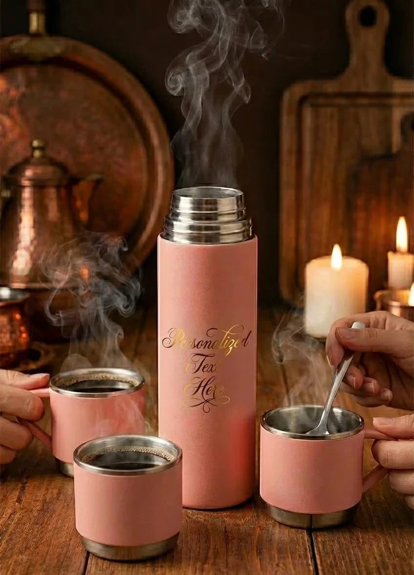 Personalised Insulated Pink Flask Set with 3 Cups with 500ml Customize Your Own Flask in use
